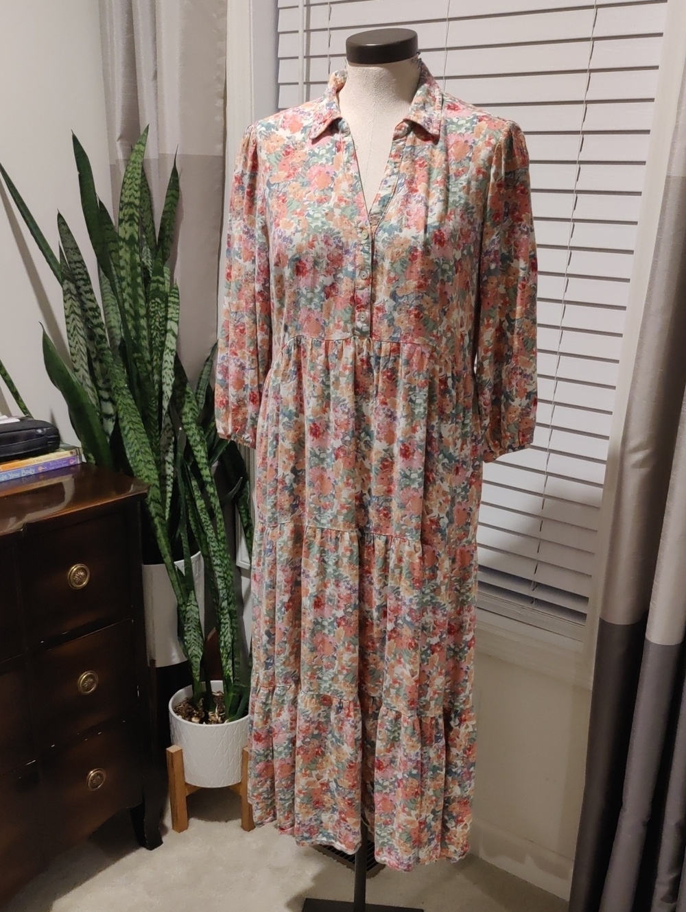 Kate & Sam Floral Tiered 3/4 Sleeve Midi Dress Cottagecore Boho Collared Necklin